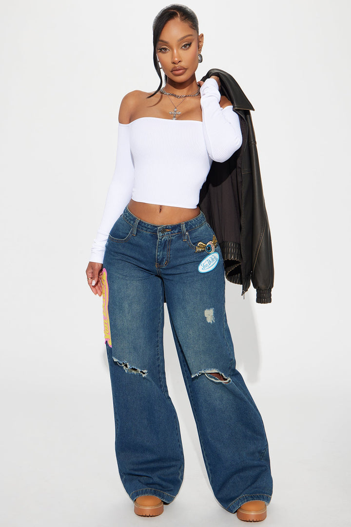 Von Dutch Patchwork Mid Rise Wide Leg Jeans - Dark Wash