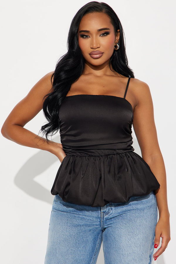 Too Sweet Satin Bubble Hem Top - Black
