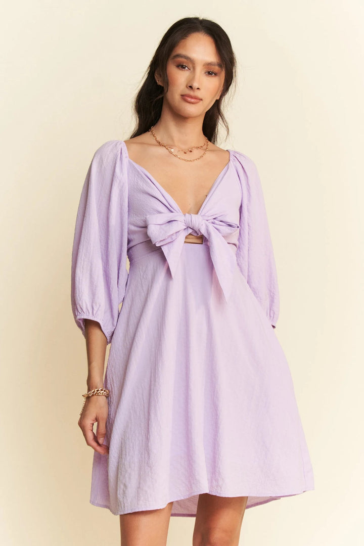 Davi & Dani Self-Tie Puff Sleeve Smocking Open Back Mini Dress