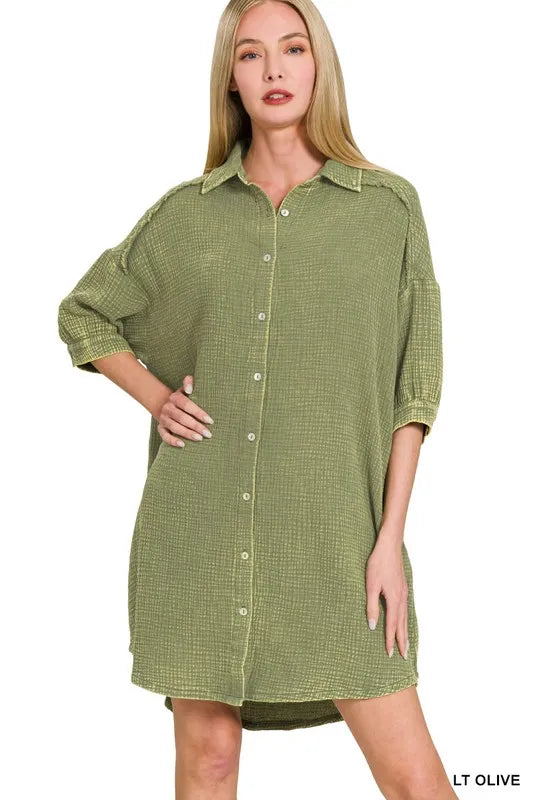 Zenana Washed Double Gauze Button Down Shirt Dress
