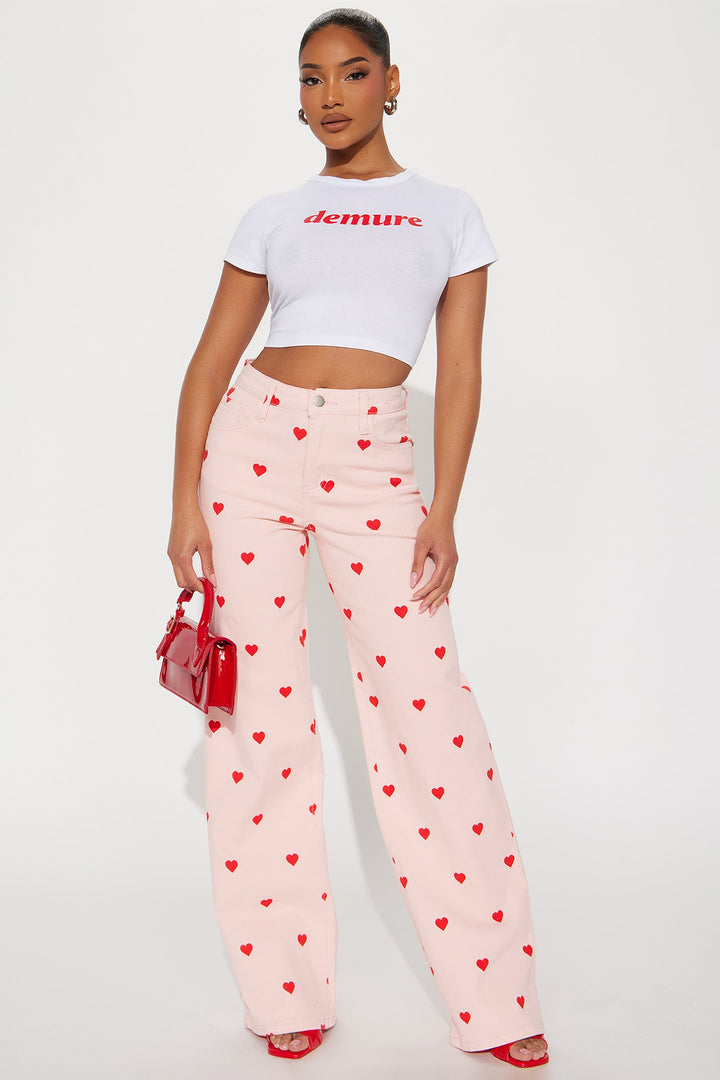 Feeling The Love Heart Print Stretch Baggy Jeans - Pink
