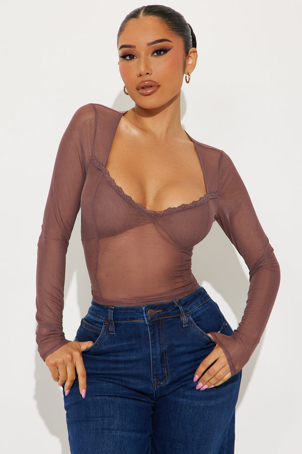 Heather Mesh Long Sleeve Top - Brown