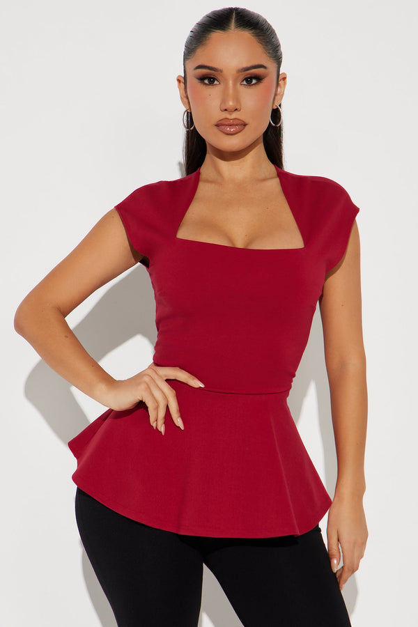 Zya Ponte Peplum Top - Burgundy