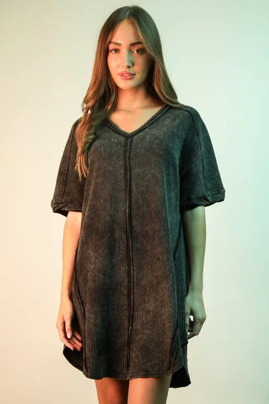 VERY J Mineral Washed Ribbed Knit Mini Dress
