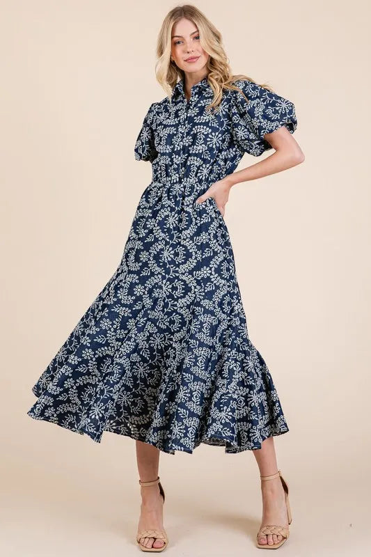 GeeGee Natural Leaf Pattern Eyelet Lace Puff Sleeve Dress