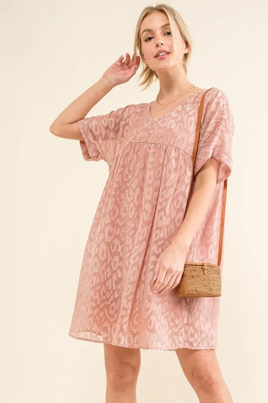 And The Why Woven Leopard Baby Doll Roll-Sleeve Casual Dress