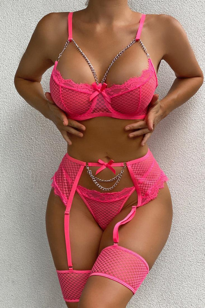 Pink Netted Mesh Chain Linked Garter Lingerie Set