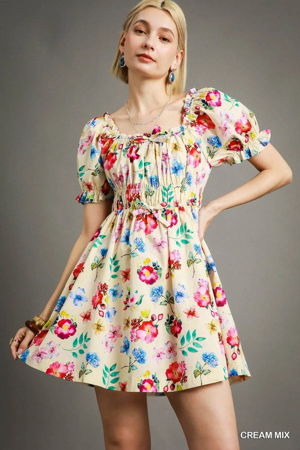 Umgee Floral Print Puff Sleeve Mini Dress