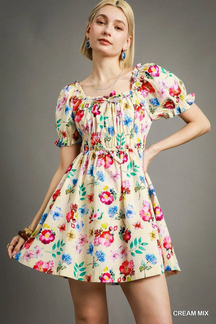 Umgee Floral Print Puff Sleeve Mini Dress