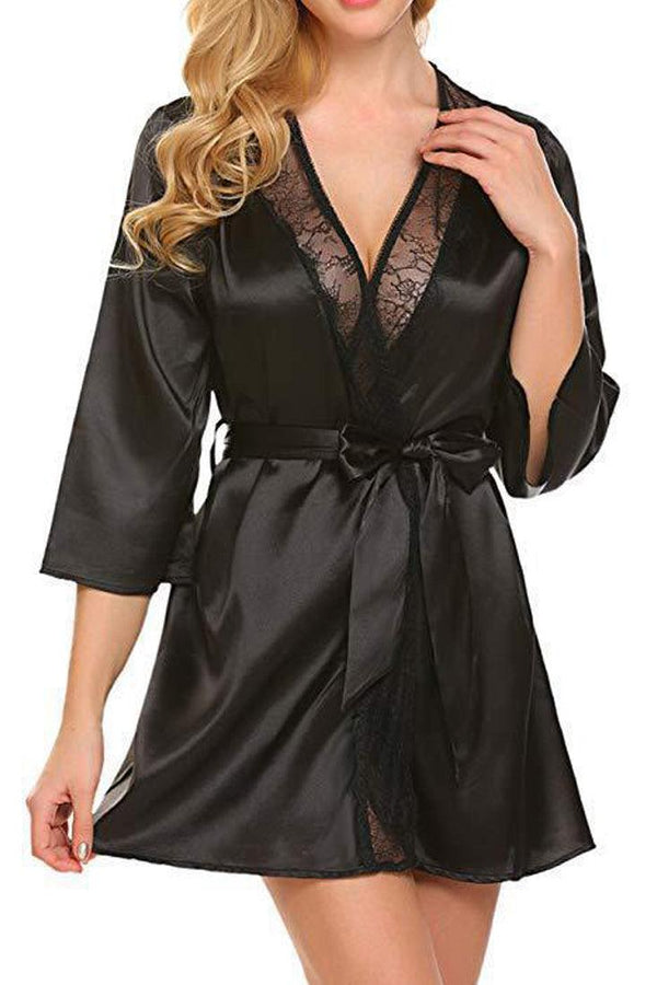 Black Satin Sheer Mesh Lace Kimono Robe With Belt Lingerie Set