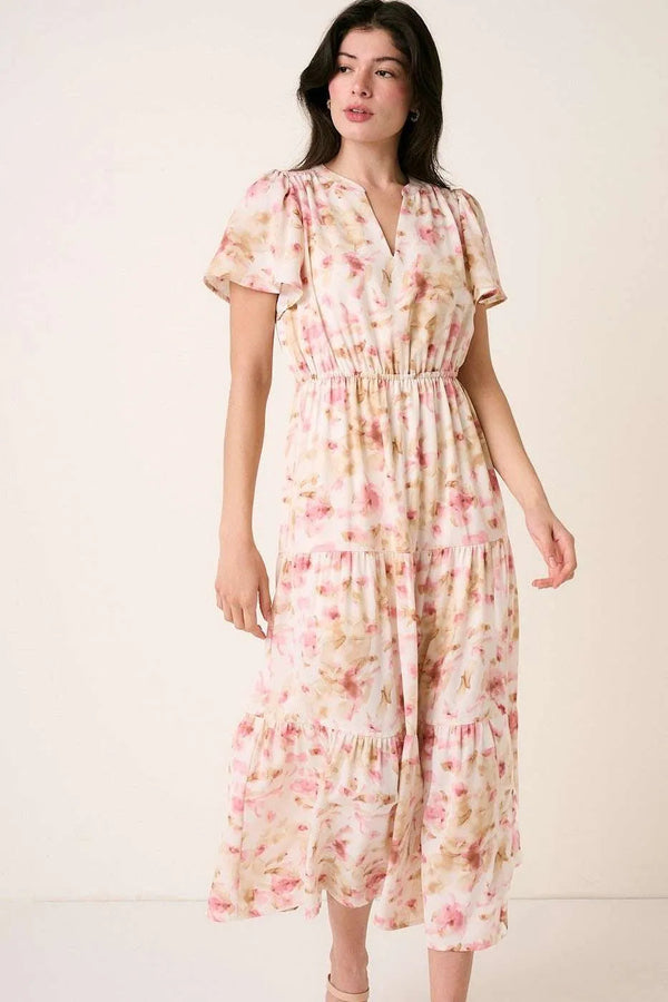 Mittoshop Flower Print Flutter Sleeve V Slit Maxi Dress
