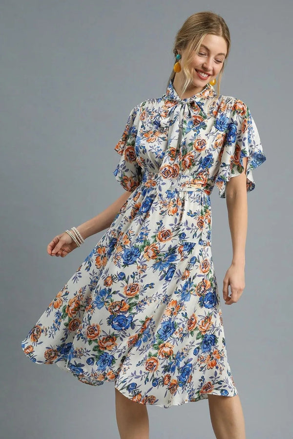 Umgee Floral Print Flutter Sleeve Dress