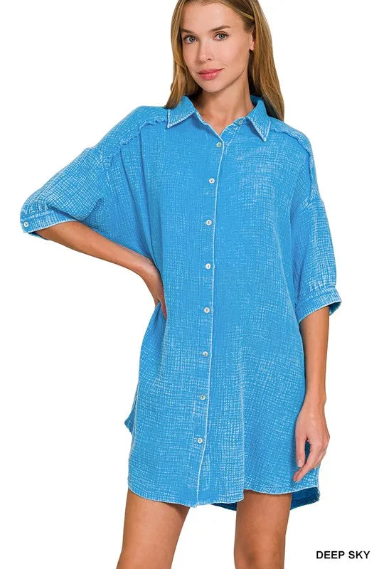 Zenana Washed Double Gauze Button Down Shirt Dress