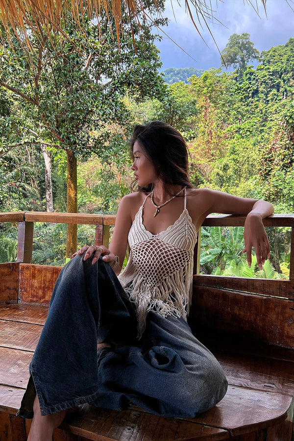 Feelin' The Heat Crochet Halter Top - Cream