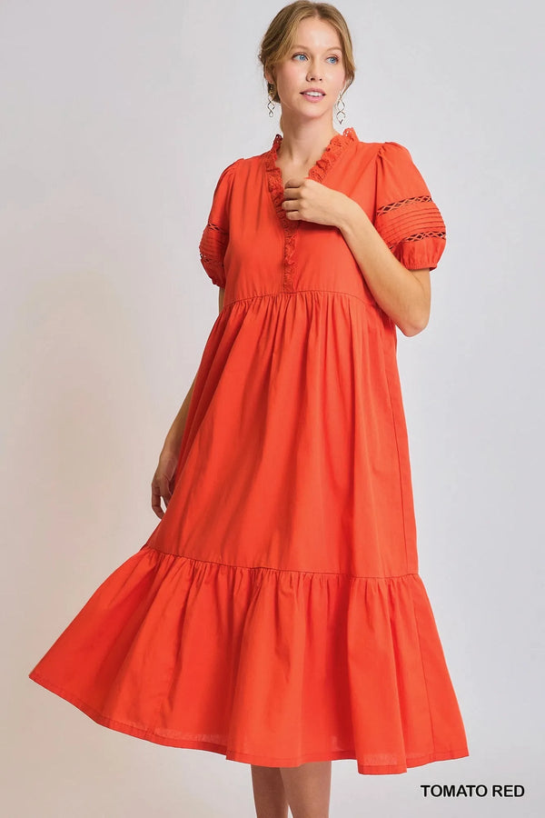 Umgee Short Sleeve Lace-Trim Ruffled Midi Dress