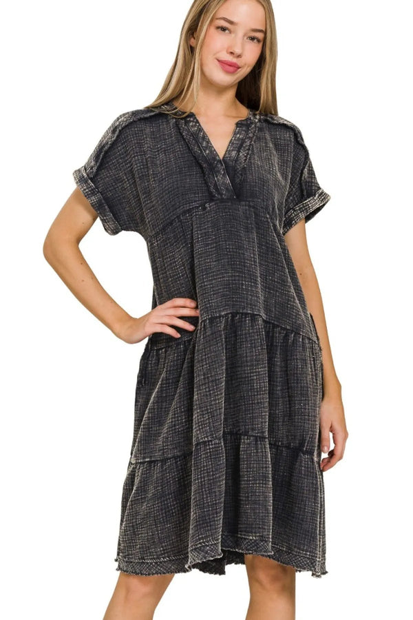 Zenana Washed Double Gauze Raw Edge V-neck Dress