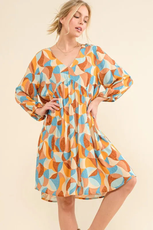 And The Why Printed Open Back Puff Sleeve Casual Dress