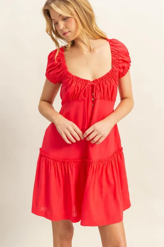 HYFVE Ruched Frill Tiered Short Sleeve Mini Dress