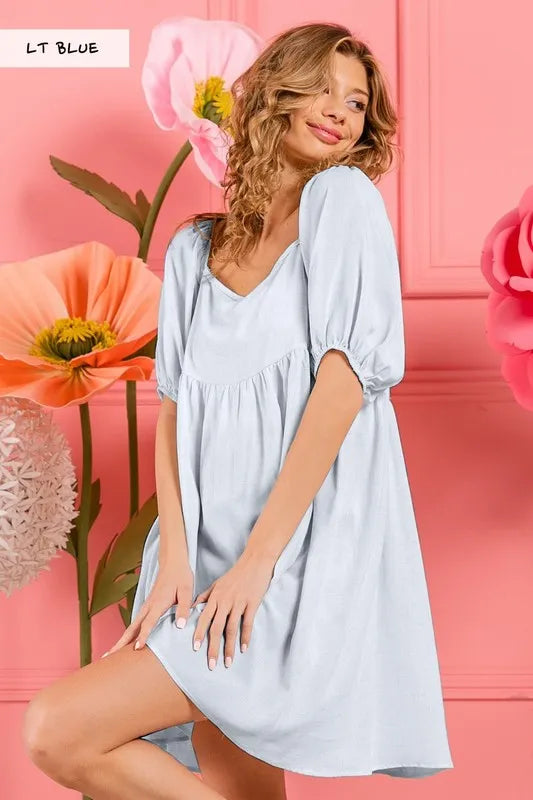 BiBi Washed Linen Tiered Midi Dress with Puff Sleeves