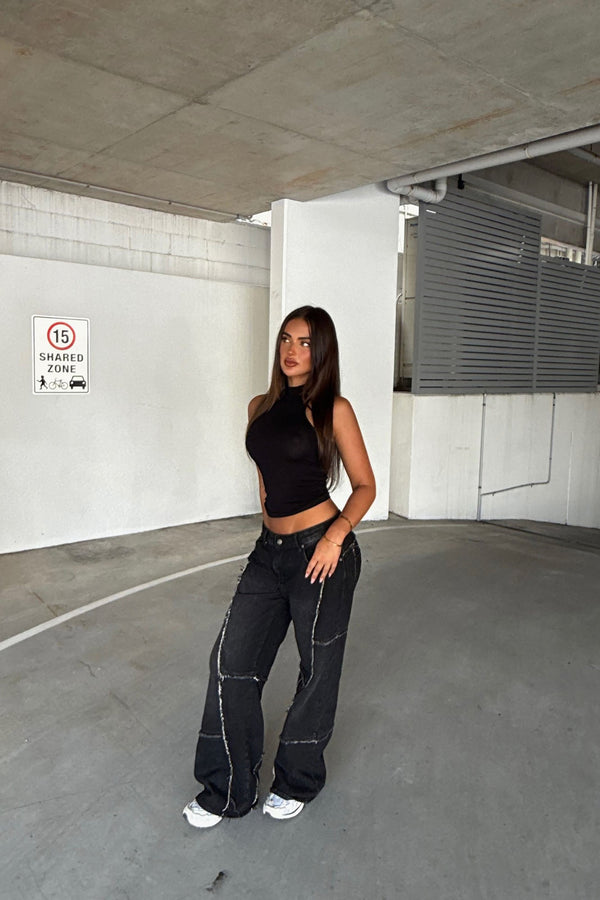 Sorella Non Stretch Frayed Wide Leg Jeans - Black Wash