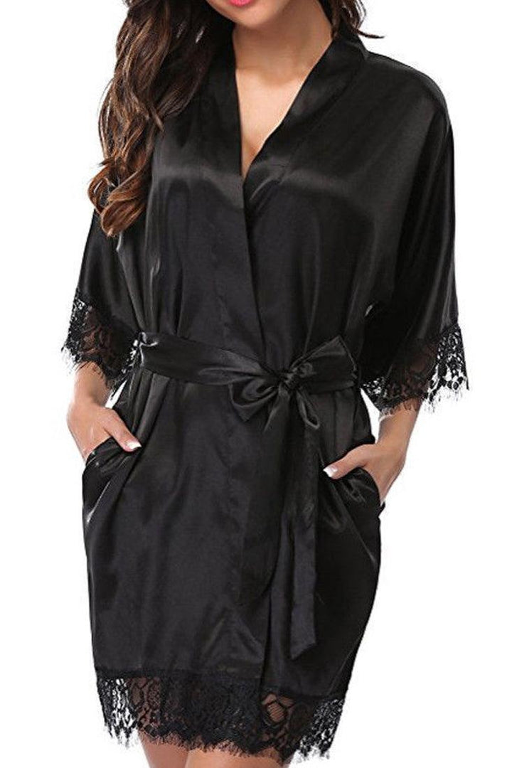 Black Satin Lace Kimono Robe With Belt Lingerie Set