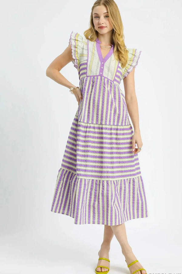 Umgee Striped Ruffle Cap Sleeve Midi Dress