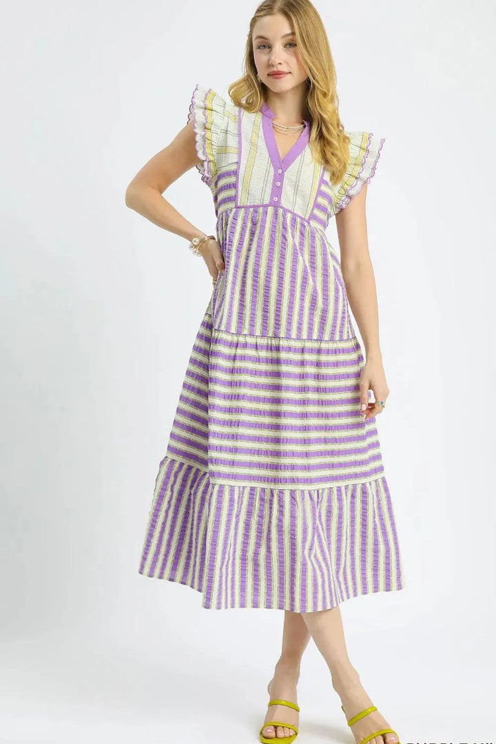 Umgee Striped Ruffle Cap Sleeve Midi Dress