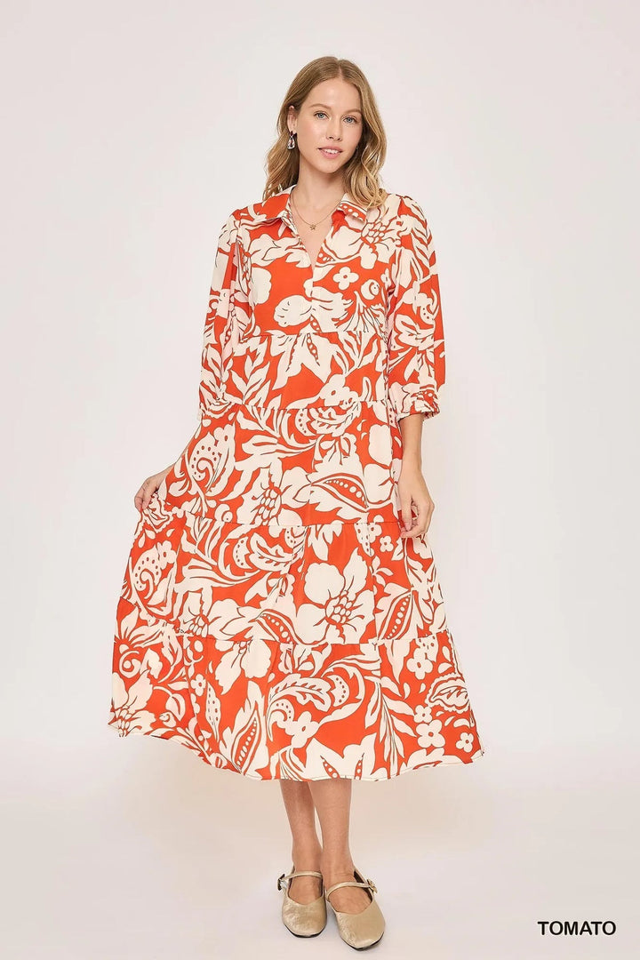 Umgee Floral Print Tiered Midi Dress