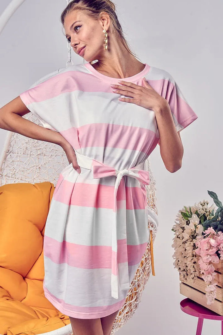 BiBi Tie Front Striped Short Sleeve Dress
