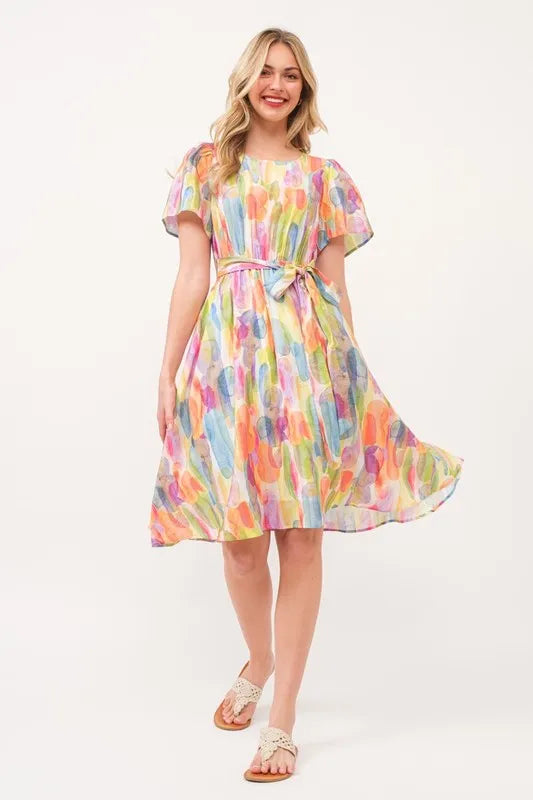 Lime 'N' Chili Watercolor Print Tie Front Midi Dress
