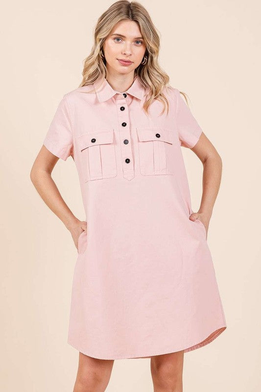 Mittoshop Button Detail Collared Neck Short Sleeve Shirt Dress