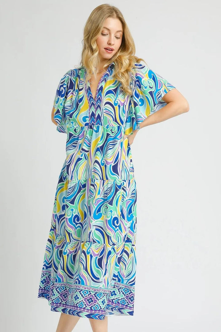 Umgee Printed Short Sleeve Tiered Midi Dress