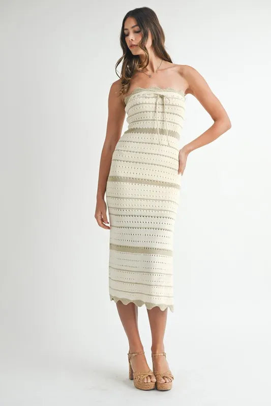MABLE Contrast Striped Crochet Knit Midi Dress