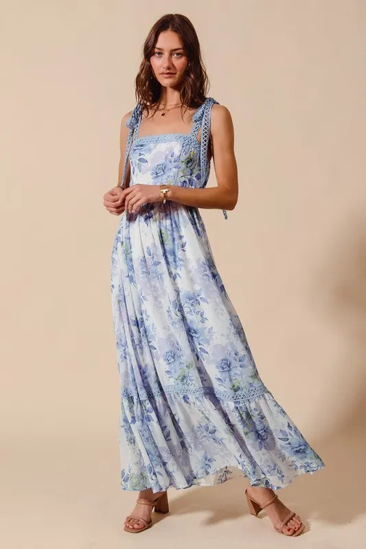 SO ME Floral Print Flowy Maxi Dress with Lace Ribbon Tie