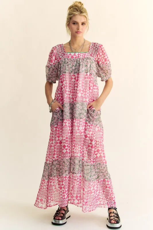 Davi & Dani Multi Floral Square Neck Puff Sleeve Maxi Dress