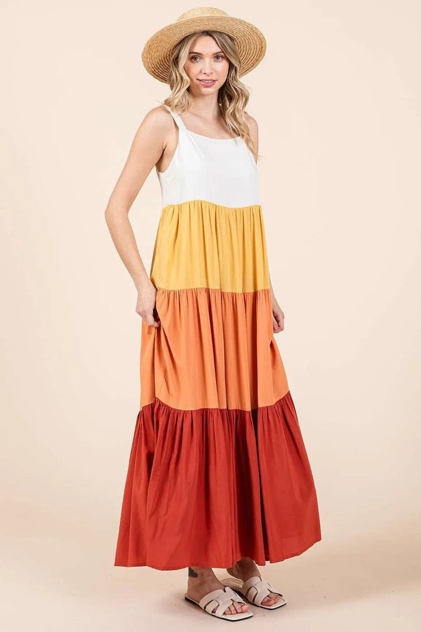 Mittoshop Color Block Tiered Pull-On Maxi Dress