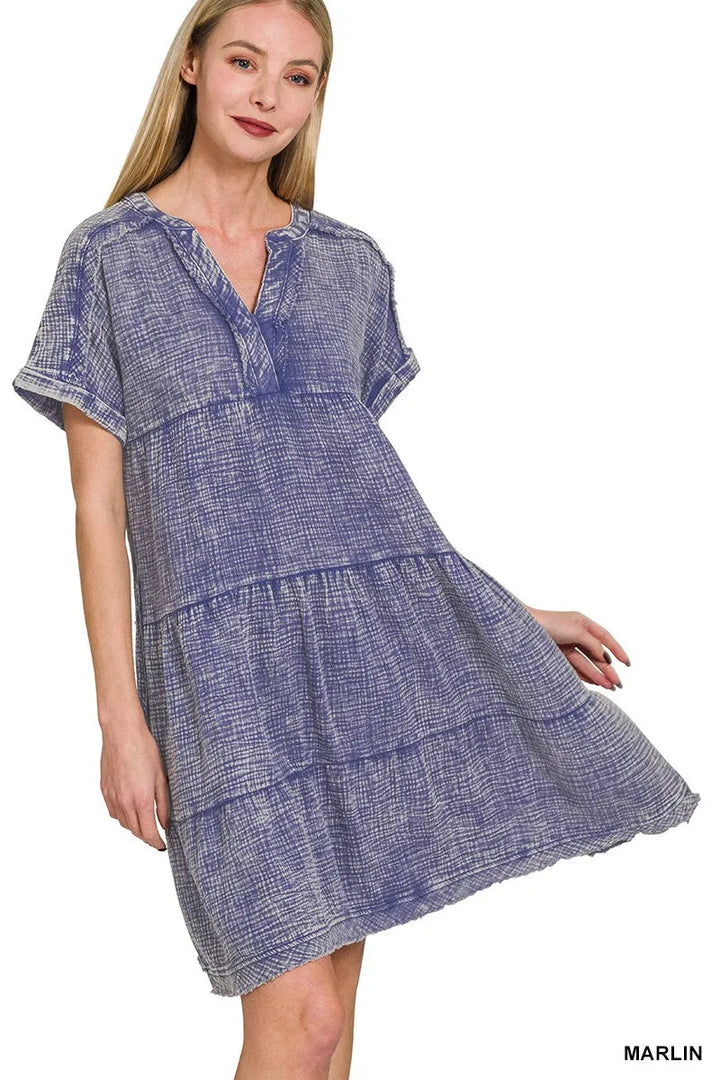Zenana Washed Double Gauze Raw Edge V-neck Dress
