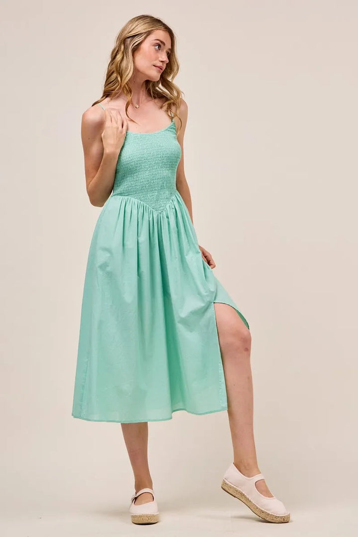 SO ME Smocked Sleeveless Casual Everyday Dress With Slit