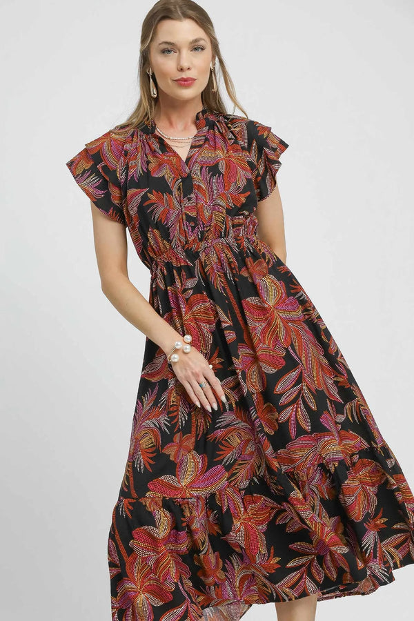 Umgee Mix Ruffle Sleeve Tropical Midi Dress
