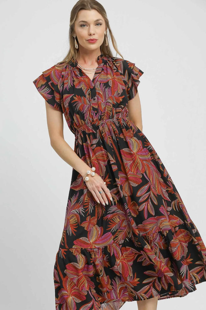 Umgee Mix Ruffle Sleeve Tropical Midi Dress