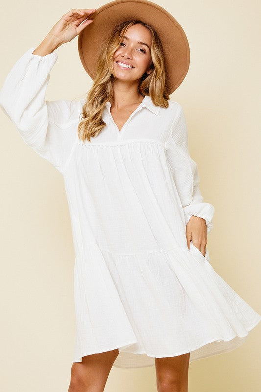 Ces Femme Johnny Collar Balloon Sleeve Mini Dress