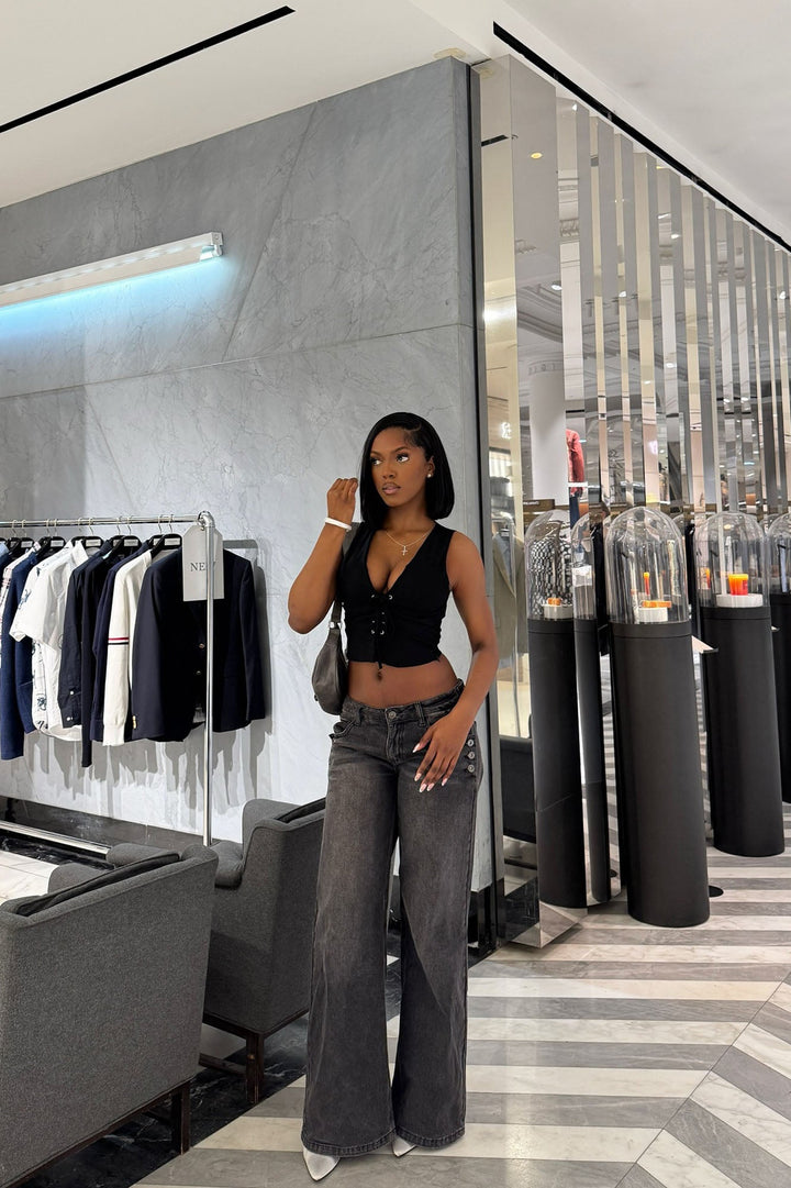 Sawyer Non Stretch Waistband Tab Wide Leg Jeans - Black Wash