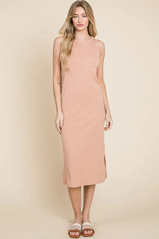 BOMBOM Ribbed Knit Sleeveless Midi Dress