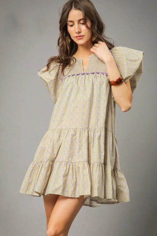 Umgee Floral Ruffled Cap Sleeve Tiered Mini Dress