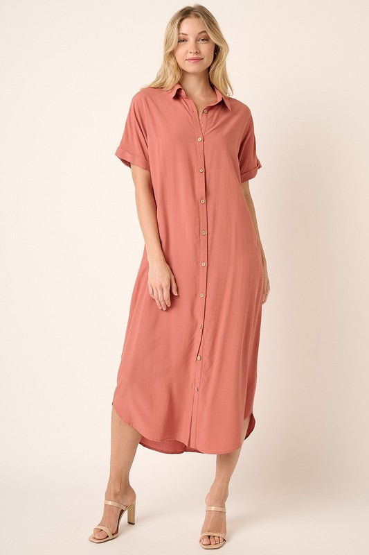 Mittoshop Collared Neck Dolman Short Sleeve Midi Shirt Dress