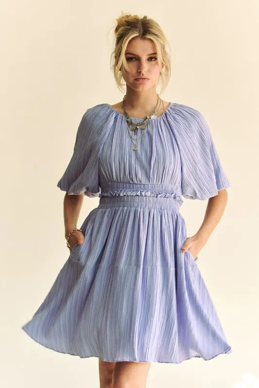 Davi & Dani Back Button Puff Sleeve Mini Dress