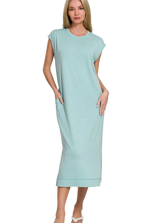 Zenana French Terry Sleeveless Round Neck Midi Dress
