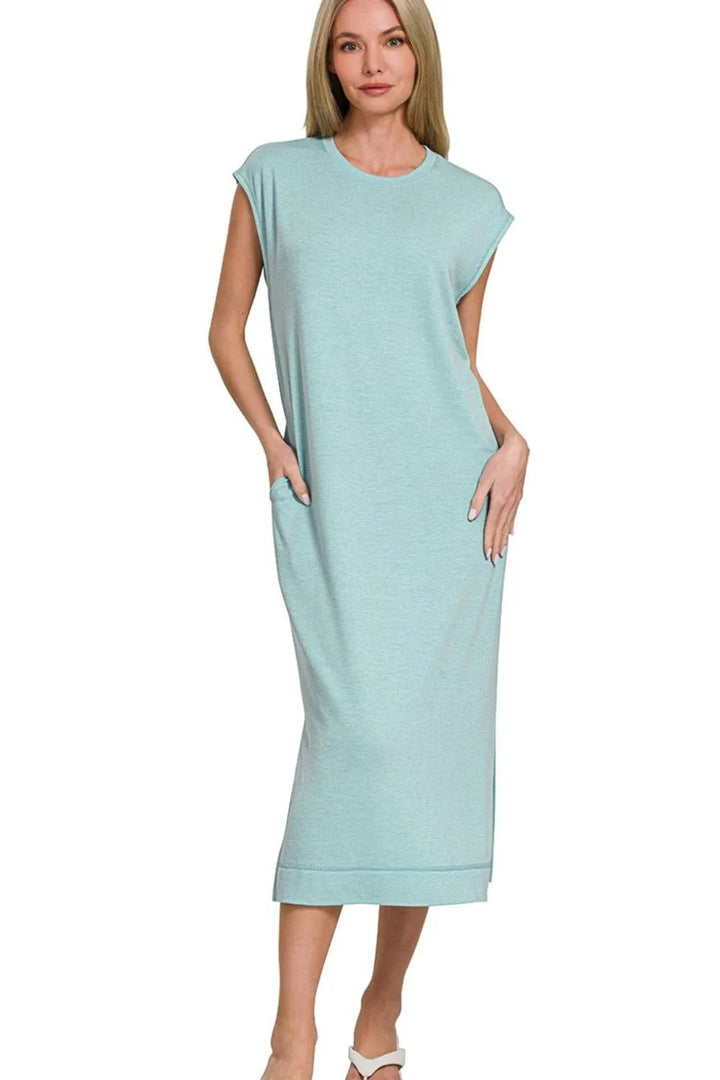 Zenana French Terry Sleeveless Round Neck Midi Dress