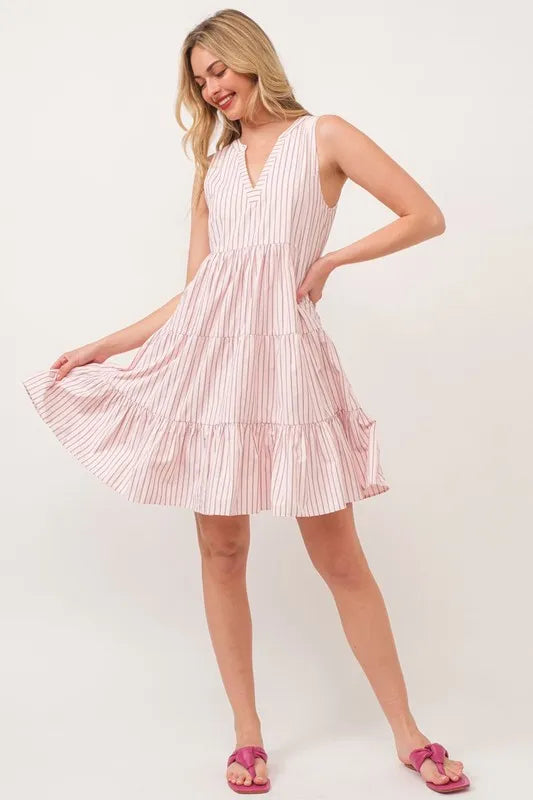 Lime 'N' Chili Striped Sleeveless V-Neck Tiered Dress