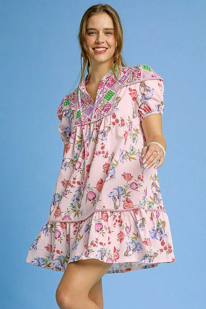 Umgee Floral Print Tie Neck Puff Sleeve Dress
